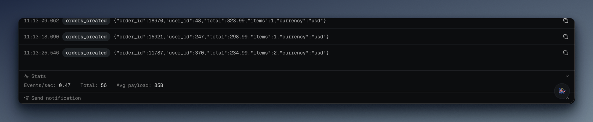 Aggregated event stats per channel — counts and recent activity from the SQLite-backed history