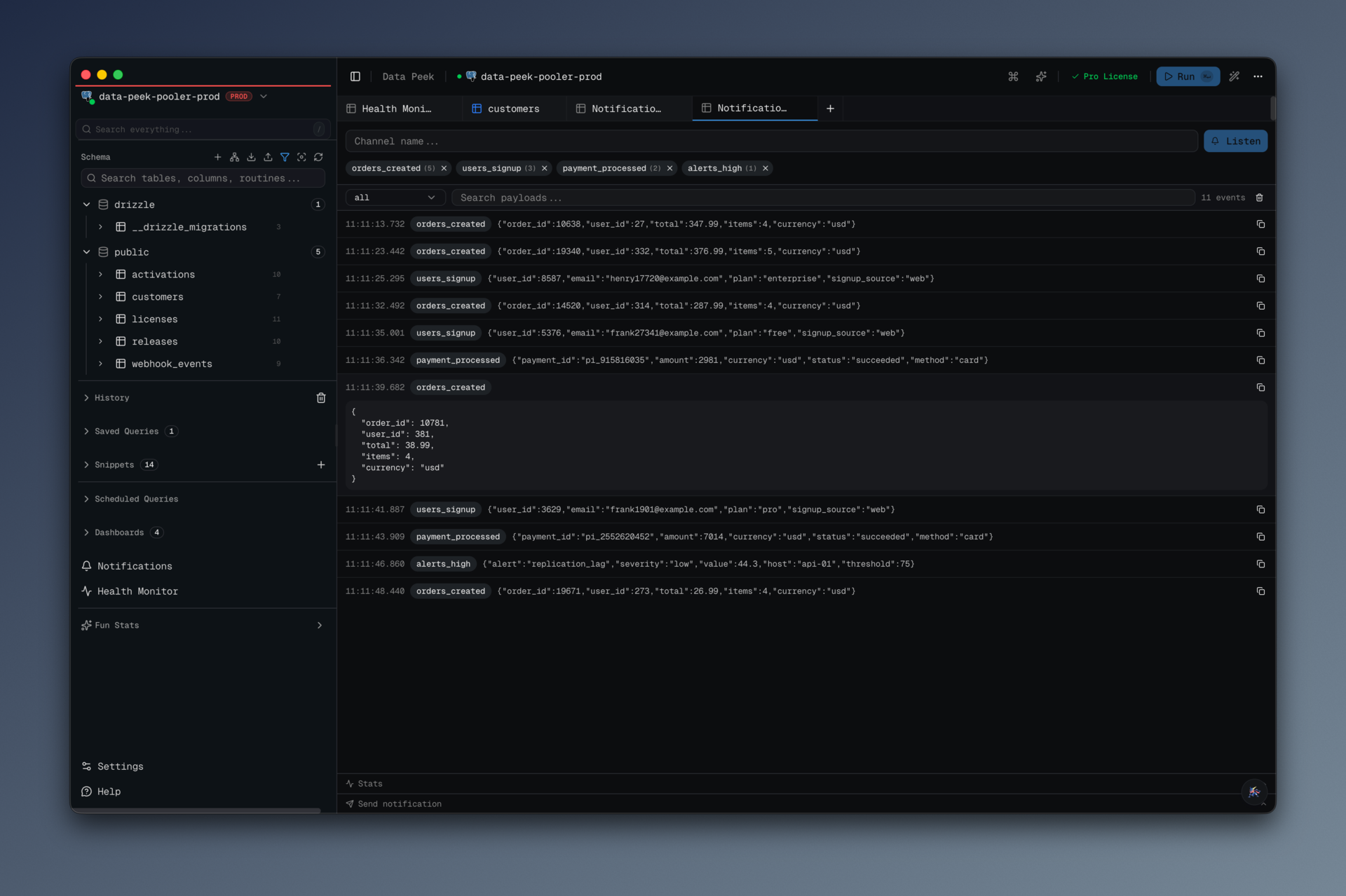 The LISTEN/NOTIFY panel with multiple channels subscribed and live events streaming in with timestamps and JSON payloads